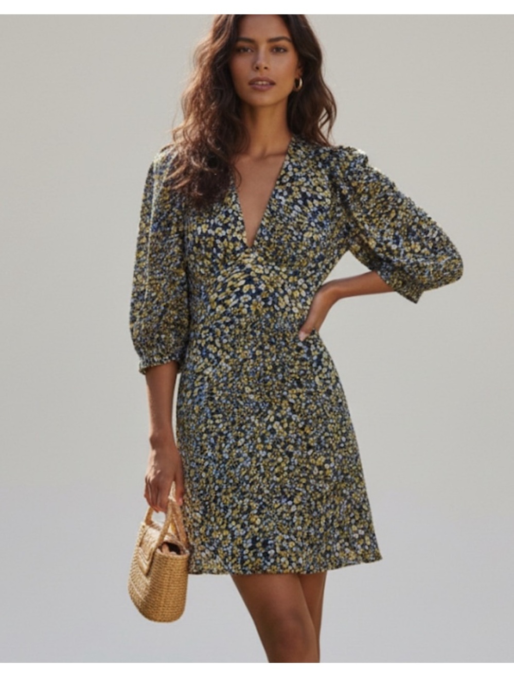 Reiss Navy and Yellow Floral V-Neck Puff Sleeve Mini Dress